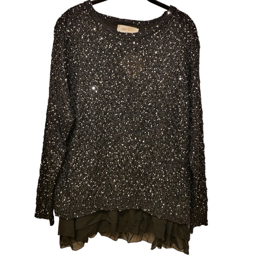 NWT Women's Holiday Party Black Sequin & Chiffon Hem Sweater Size 2XL Glam Luxe